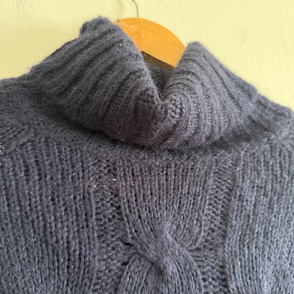 SISLEY PARIS Navy Blue Mohair Blend Cape-style Cable Knit Turtleneck sweater OS - Picture 5 of 7